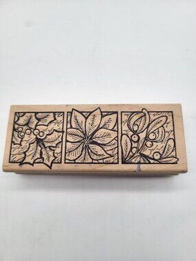 Magenta Wooden Rubber Stamp Block Christmas Poinsetta & Holly Berry Holiday